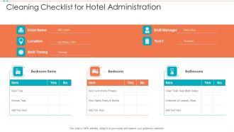 Cleaning Checklist For Hotel Administration Portrait PDF