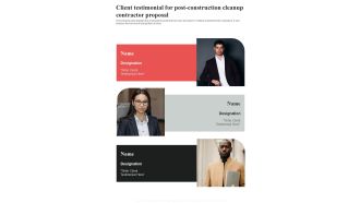 Client Testimonial For Post Construction Cleanup Contractor Proposal One Pager Sample Example Document