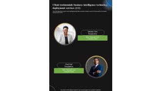 Client Testimonials Business Intelligence Technology Deployment Services One Pager Sample Example Document