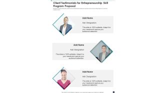 Client Testimonials For Entrepreneurship Skill Program Proposal One Pager Sample Example Document