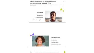 Client Testimonials For Hiring Influencers For Advertisement Proposal One Pager Sample Example Document