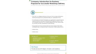 Company Introduction For Business Proposal For Successful Workshop Delivery One Pager Sample Example Document