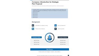 Company Introduction For Strategic Plan Proposal One Pager Sample Example Document
