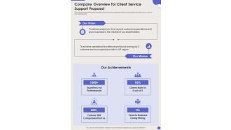 Company Overview For Client Service Support Proposal One Pager Sample Example Document
