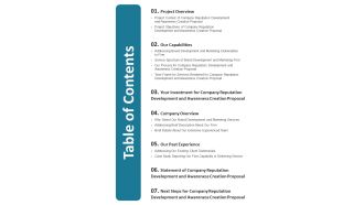 Company Reputation Development And Awareness Creation Proposal Table Of Contents One Pager Sample Example Document