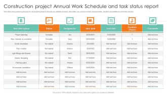 Construction Project Annual Work Schedule And Task Status Report Template PDF