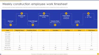 Construction Project Instructions Playbook Weekly Construction Employee Work Timesheet Topics PDF