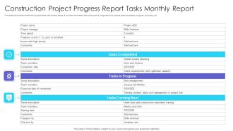 Construction Project Progress Report Tasks Monthly Report Ppt Show Shapes PDF