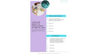 Context And Objective For Business Proposal For Child Care Center One Pager Sample Example Document
