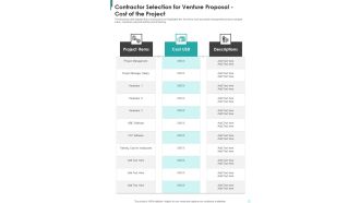 Contractor Selection For Venture Proposal Cost Of The Project One Pager Sample Example Document