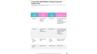 Corporate Staff Welfare Training Proposal Session Plan One Pager Sample Example Document
