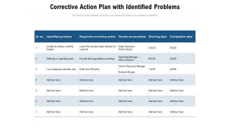 Corrective Action Plan With Identified Problems Ppt PowerPoint Presentation Layouts Design Inspiration PDF