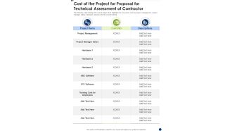 Cost Of The Project For Proposal For Technical Assessment Of Contractor One Pager Sample Example Document