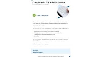 Cover Letter For CSR Activities Proposal One Pager Sample Example Document