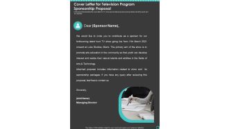 Cover Letter For Television Program Sponsorship Proposal One Pager Sample Example Document