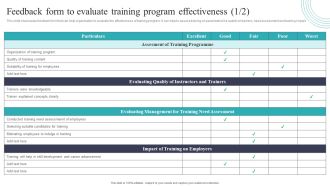 Developing And Executing On Job Coaching Program In Company Feedback Form To Evaluate Training Inspiration PDF