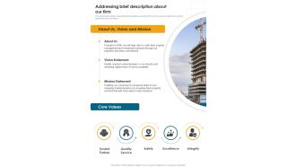Developing Construction Funding Addressing Brief Description About Our Firm One Pager Sample Example Document