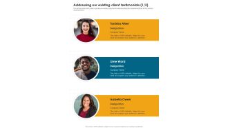 Developing Construction Funding Addressing Our Existing Client Testimonials One Pager Sample Example Document