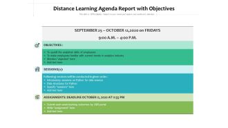 Distance Learning Agenda Report With Objectives Ppt PowerPoint Presentation Layouts Picture PDF