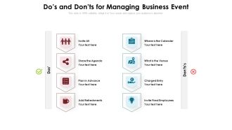 Dos And Donts For Managing Business Event Ppt PowerPoint Presentation Ideas File Formats PDF