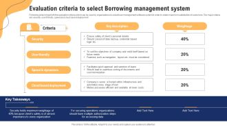 Evaluation Criteria To Select Borrowing Management System Ppt Slides Graphics PDF