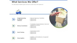 Event Management Services What Services We Offer Ppt PowerPoint Presentation Portfolio Professional PDF