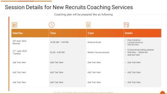 Executive Job Training Session Details For New Recruits Coaching Services Template PDF
