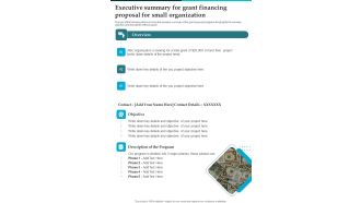 Executive Summary For Grant Financing Proposal For Small Organization One Pager Sample Example Document