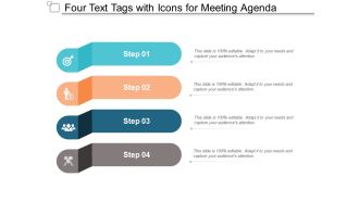 Four Text Tags With Icons For Meeting Agenda Ppt PowerPoint Presentation Inspiration Example File