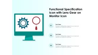 Functional Specification Icon With Lens Gear On Monitor Icon Ppt PowerPoint Presentation Infographics Structure PDF