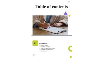 Hiring Influencers For Advertisement Proposal Table Of Contents One Pager Sample Example Document
