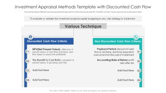 Investment Appraisal Methods Template With Discounted Cash Flow Ppt PowerPoint Presentation File Structure PDF