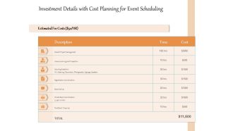 Investment Details With Cost Planning For Event Scheduling Ppt PowerPoint Presentation Icon Infographic Template PDF
