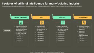 Iot Integration In Manufacturing Features Of Artificial Intelligence For Manufacturing Industry Brochure PDF
