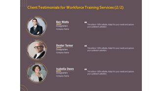 Job Driven Training Client Testimonials For Workforce Training Services Designation Ppt Infographics Format PDF