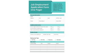 Job Employment Application Form One Pager PDF Document PPT Template