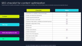 Lead Nurturing Tactics For Lead Generation SEO Checklist For Content Optimization Icons PDF