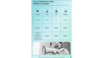 Marketing Campaign For Brand Awareness Your Investment For Public Relation One Pager Sample Example Document
