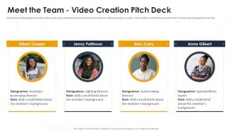 Meet The Team Video Creation Pitch Deck Ppt Layouts Example Introduction PDF