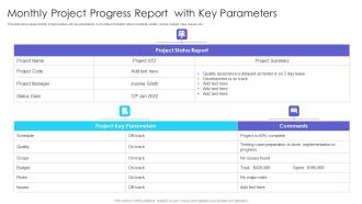 Monthly Project Progress Report With Key Parameters Ppt Styles Pictures PDF