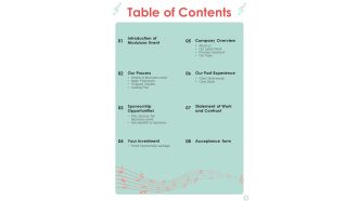 Musicians Function Proposal Table Of Contents One Pager Sample Example Document