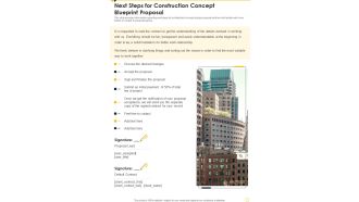 Next Steps For Construction Concept Blueprint Proposal One Pager Sample Example Document