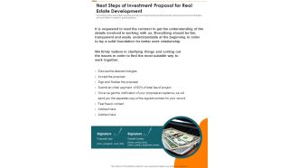 Next Steps Of Investment Proposal For Real Estate Development One Pager Sample Example Document