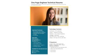 One Page Engineer Technical Resume PDF Document PPT Template
