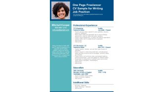 One Page Freelancer CV Sample For Writing Job Position PDF Document PPT Template