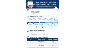 One Page Online Marketing Project Implementation Plan PDF Document PPT Template