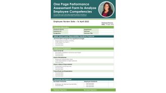 One Page Performance Assessment Form To Analyze Employee Competencies PDF Document PPT Template