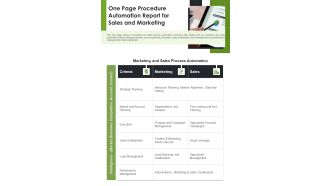 One Page Procedure Automation Report For Sales And Marketing PDF Document PPT Template