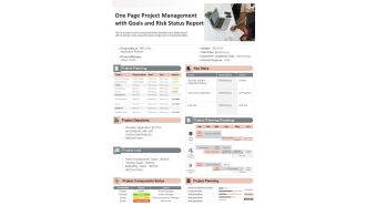 One Page Project Management With Goals And Risk Status Report PDF Document PPT Template
