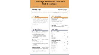 One Page Resume Of Front-End Web Developer PDF Document PPT Template